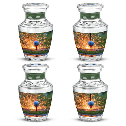 Harvest Gold Golf Cremation Urn back view with polished surface - stylized abstract golf pattern with bold lines - 10 inch aluminum urn for cremated remains