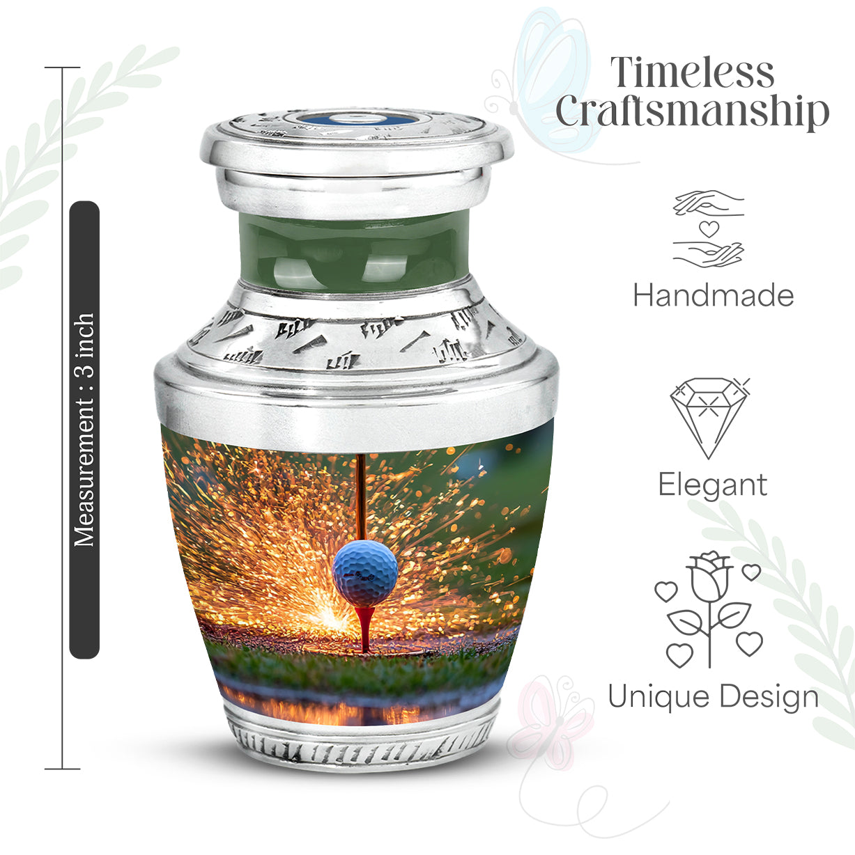 Champagne Gold Golf Cremation Urn top-down view of secure threaded lid - modern art-inspired golf motif on sleek aluminum - mini keepsake memorial for portion of cremation ashes