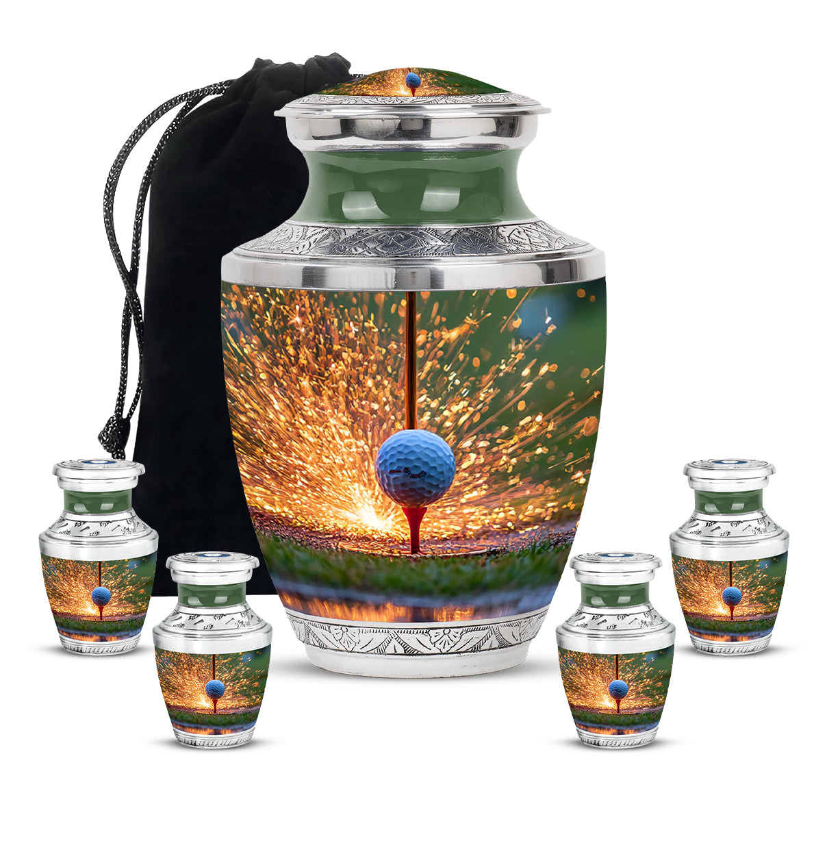 Matte Gold Golf Cremation Urn lifestyle display on memorial shelf - artistic golf interpretation with creative detail - memorial set with one large and four small urns