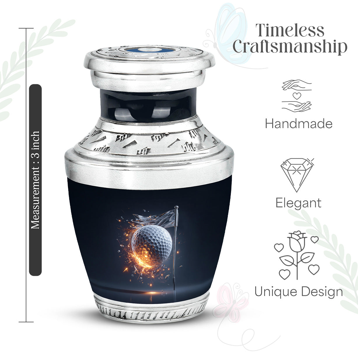 Indigo Golf Cremation Urn top-down view of secure threaded lid - modern art-inspired golf motif on sleek aluminum - mini keepsake memorial for portion of cremation ashes