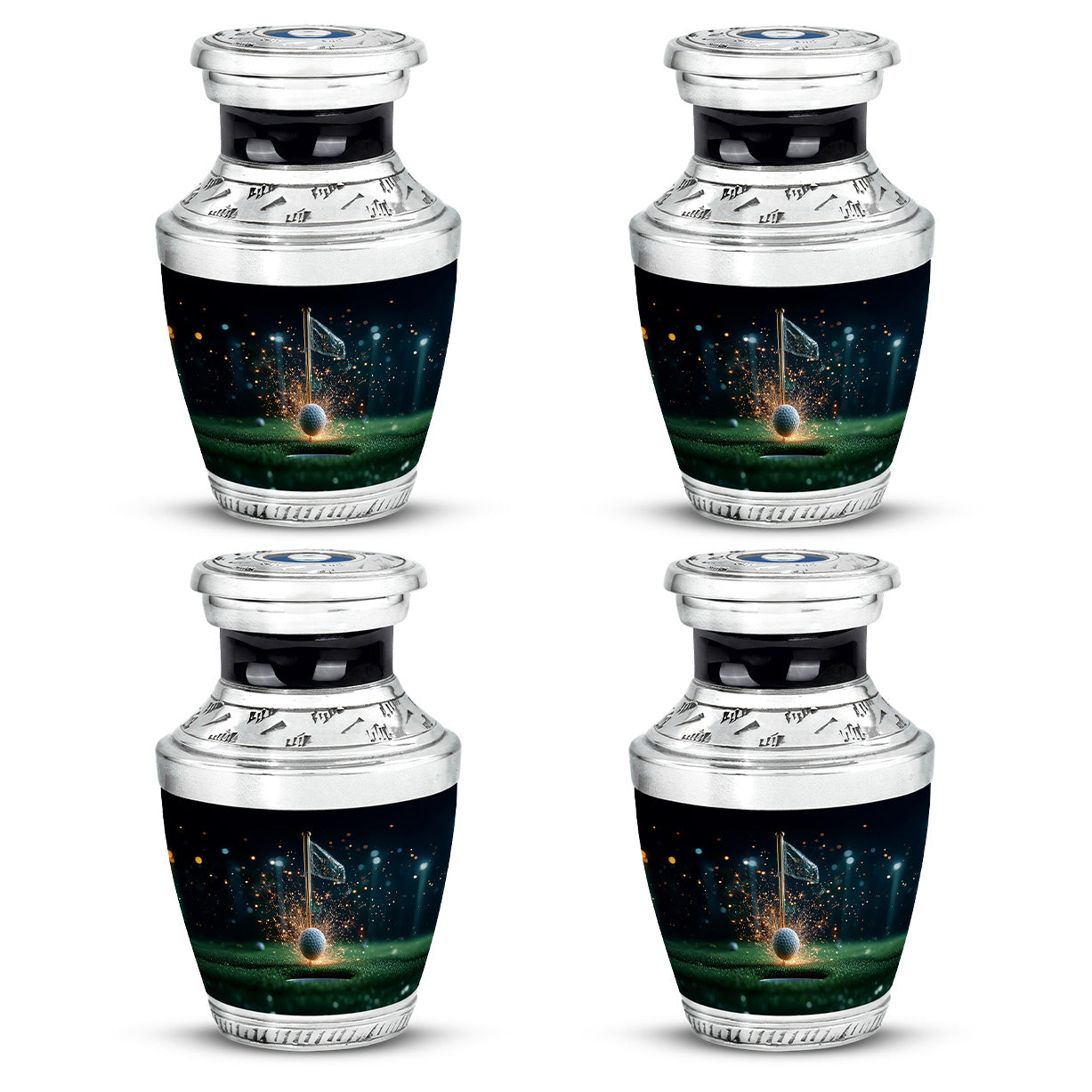 Glossy Black Golf Cremation Urn back view with polished surface - modern art-inspired golf motif on sleek aluminum - 10 inch aluminum urn for cremated remains