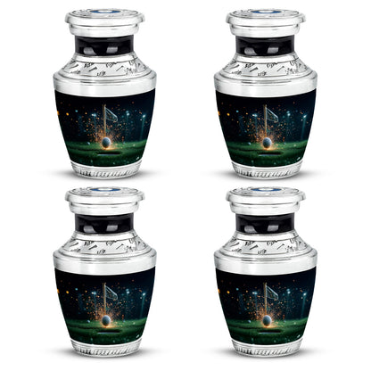 Glossy Black Golf Cremation Urn back view with polished surface - modern art-inspired golf motif on sleek aluminum - 10 inch aluminum urn for cremated remains