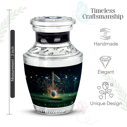 Charcoal Black Golf Cremation Urn top-down view of secure threaded lid - artistic golf interpretation with creative detail - mini keepsake memorial for portion of cremation ashes