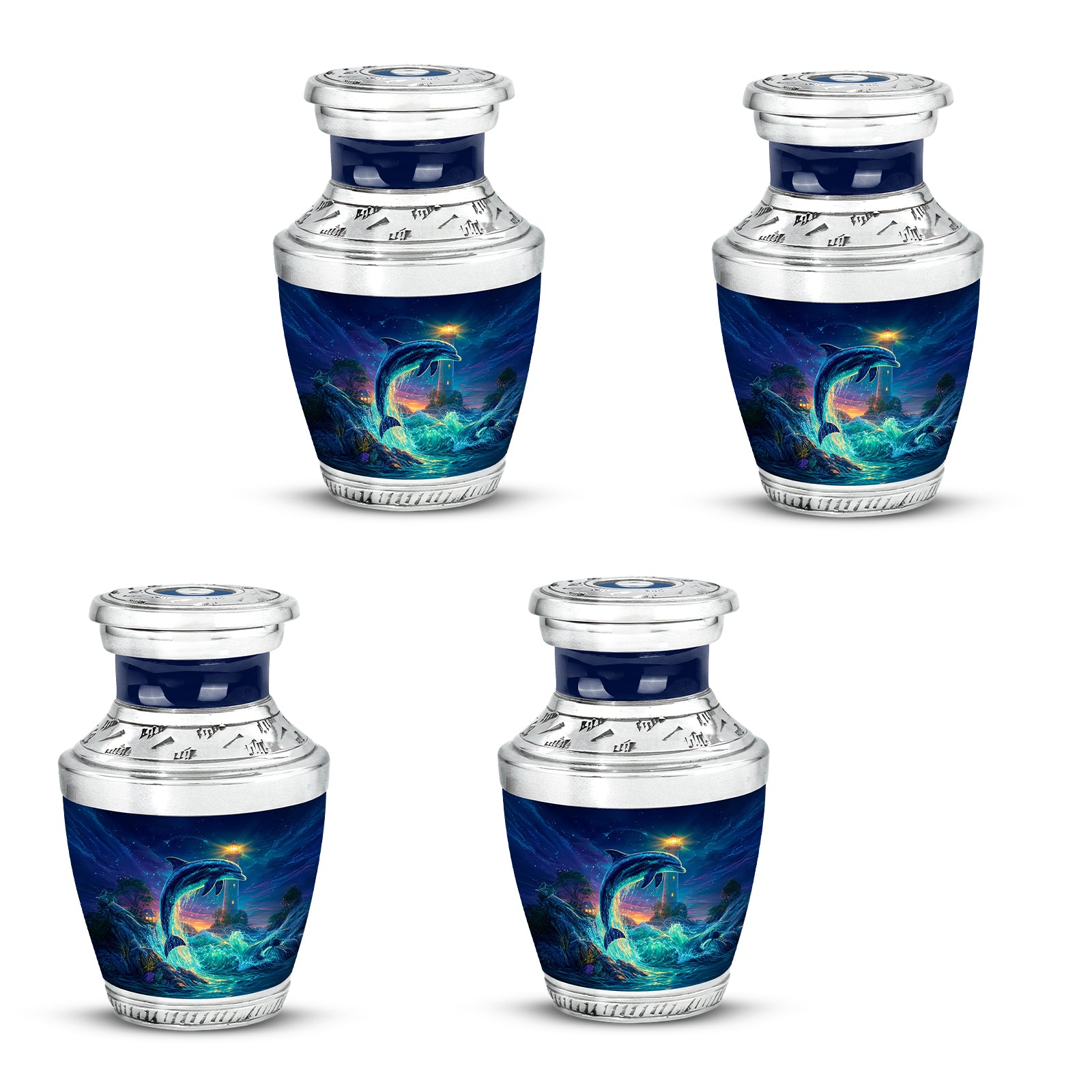Steel Blue Dolphin Cremation Urn back view with polished surface - stylized abstract dolphin pattern with bold lines - 10 inch aluminum urn for cremated remains
