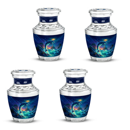 Steel Blue Dolphin Cremation Urn back view with polished surface - stylized abstract dolphin pattern with bold lines - 10 inch aluminum urn for cremated remains