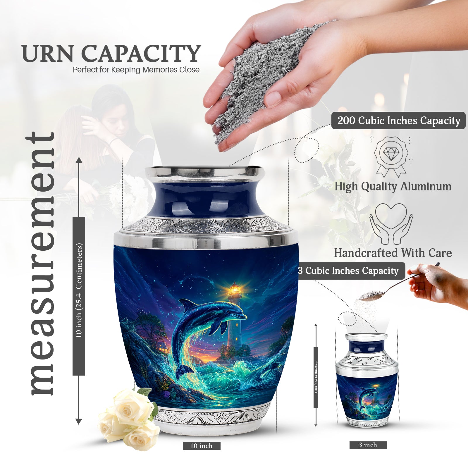 Celestial Blue Dolphin Cremation Urn top-down view of secure threaded lid - modern art-inspired dolphin motif on sleek aluminum - mini keepsake memorial for portion of cremation ashes