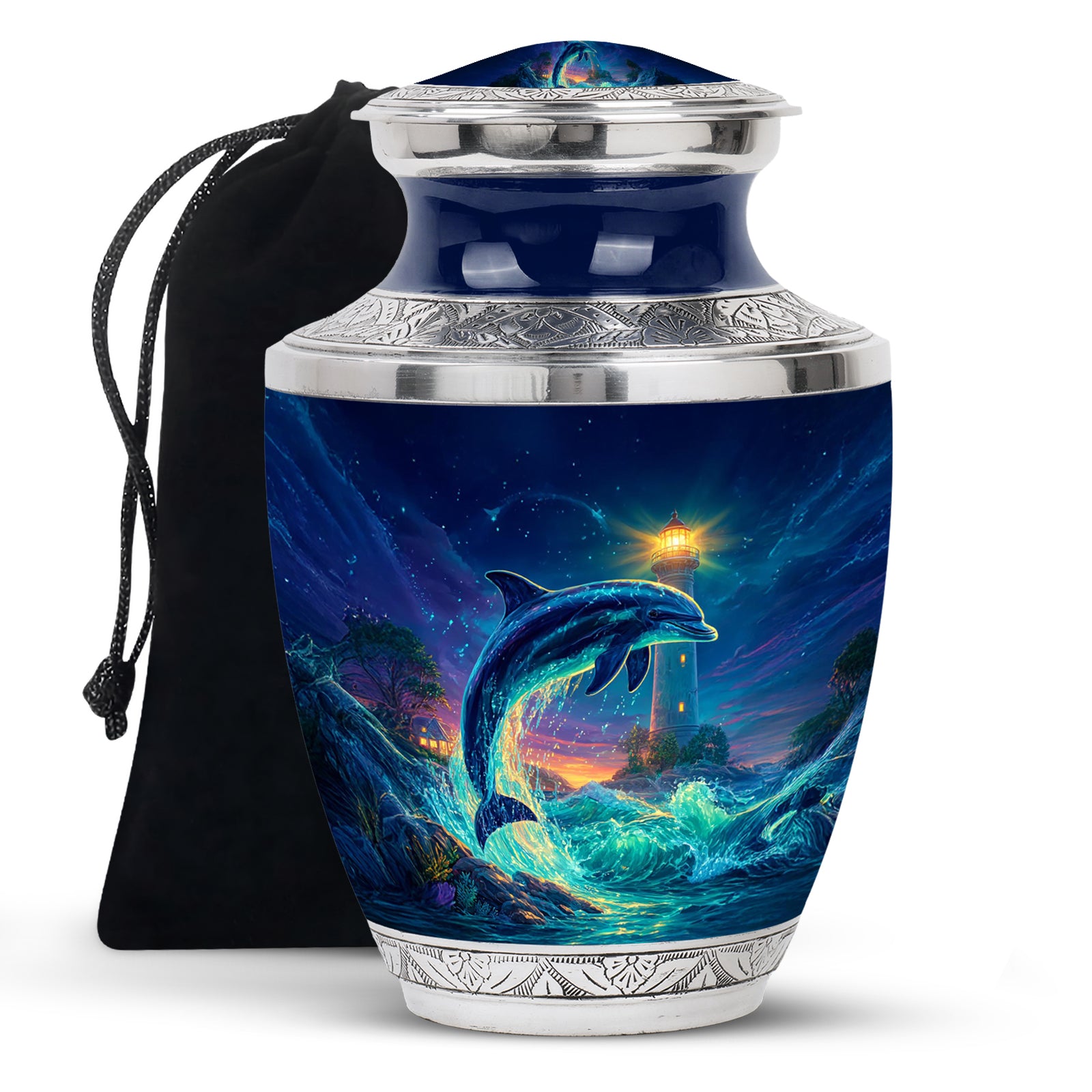 Dusty Blue Dolphin Cremation Urn side profile showing urn shape - contemporary dolphin design with modern artistic flair - full-size 10 inch 200 cubic inch adult cremation urn