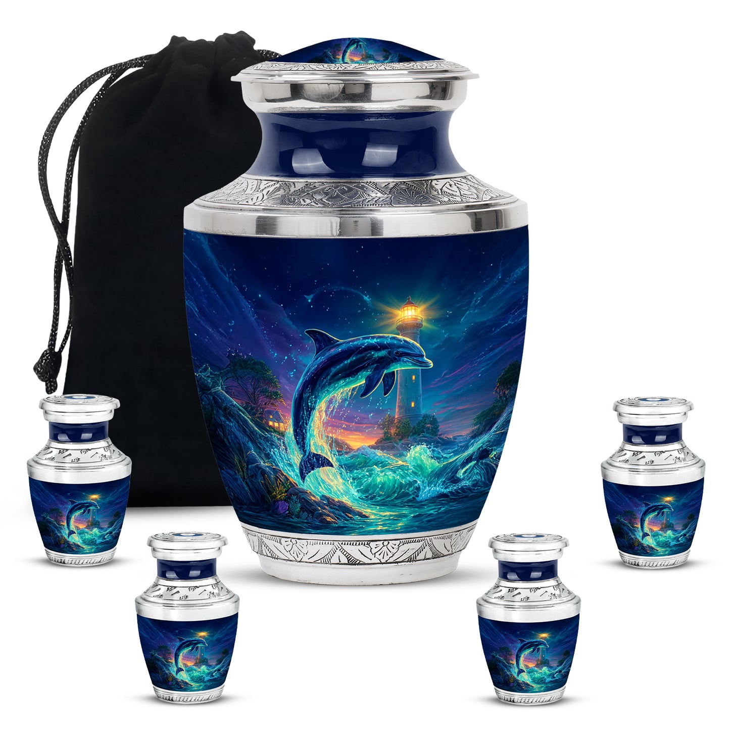 Indigo Dolphin Cremation Urn lifestyle display on memorial shelf - modern art-inspired dolphin motif on sleek aluminum - memorial set with one large and four small urns