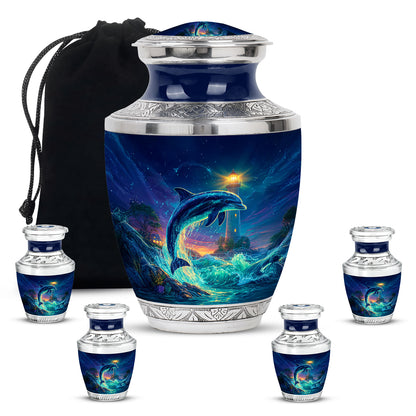 Indigo Dolphin Cremation Urn lifestyle display on memorial shelf - modern art-inspired dolphin motif on sleek aluminum - memorial set with one large and four small urns