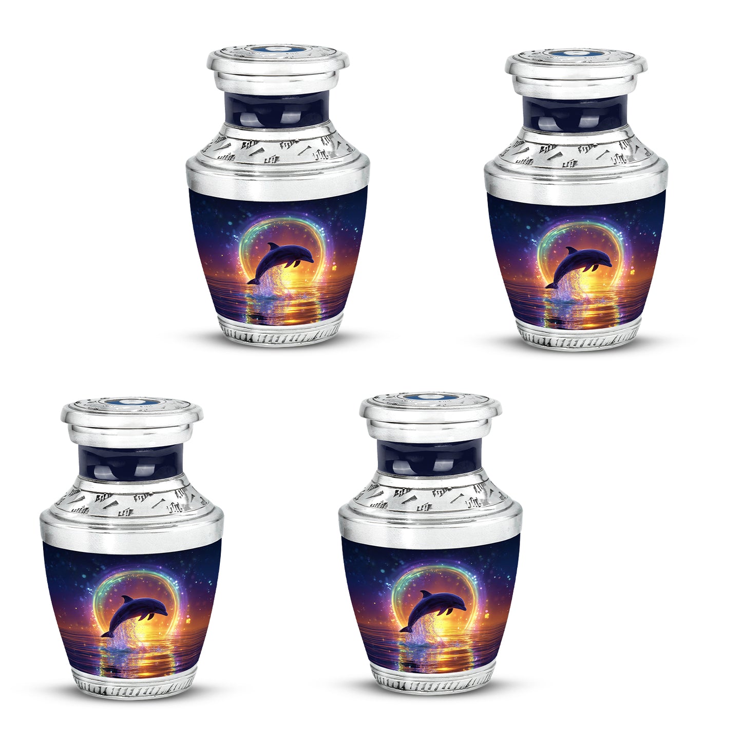 Dusty Blue Dolphin Cremation Urn back view with polished surface - modern art-inspired dolphin motif on sleek aluminum - 10 inch aluminum urn for cremated remains