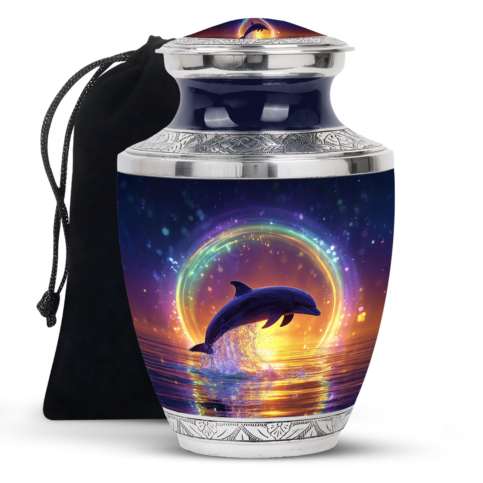 Icy Blue Dolphin Cremation Urn side profile showing urn shape - modern art-inspired dolphin motif on sleek aluminum - full-size 10 inch 200 cubic inch adult cremation urn