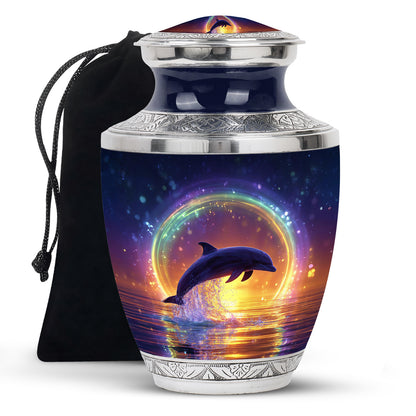 Icy Blue Dolphin Cremation Urn side profile showing urn shape - modern art-inspired dolphin motif on sleek aluminum - full-size 10 inch 200 cubic inch adult cremation urn