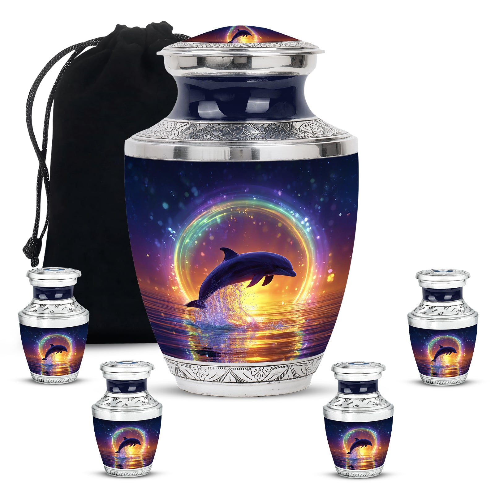 Slate Blue Dolphin Cremation Urn lifestyle display on memorial shelf - modern art-inspired dolphin motif on sleek aluminum - memorial set with one large and four small urns