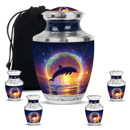 Slate Blue Dolphin Cremation Urn lifestyle display on memorial shelf - modern art-inspired dolphin motif on sleek aluminum - memorial set with one large and four small urns