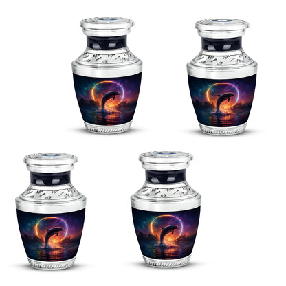 Misty Blue Dolphin Cremation Urn back view with polished surface - contemporary dolphin design with modern artistic flair - 10 inch aluminum urn for cremated remains