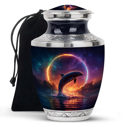 Serene Blue Dolphin Cremation Urn side profile showing urn shape - stylized abstract dolphin pattern with bold lines - full-size 10 inch 200 cubic inch adult cremation urn