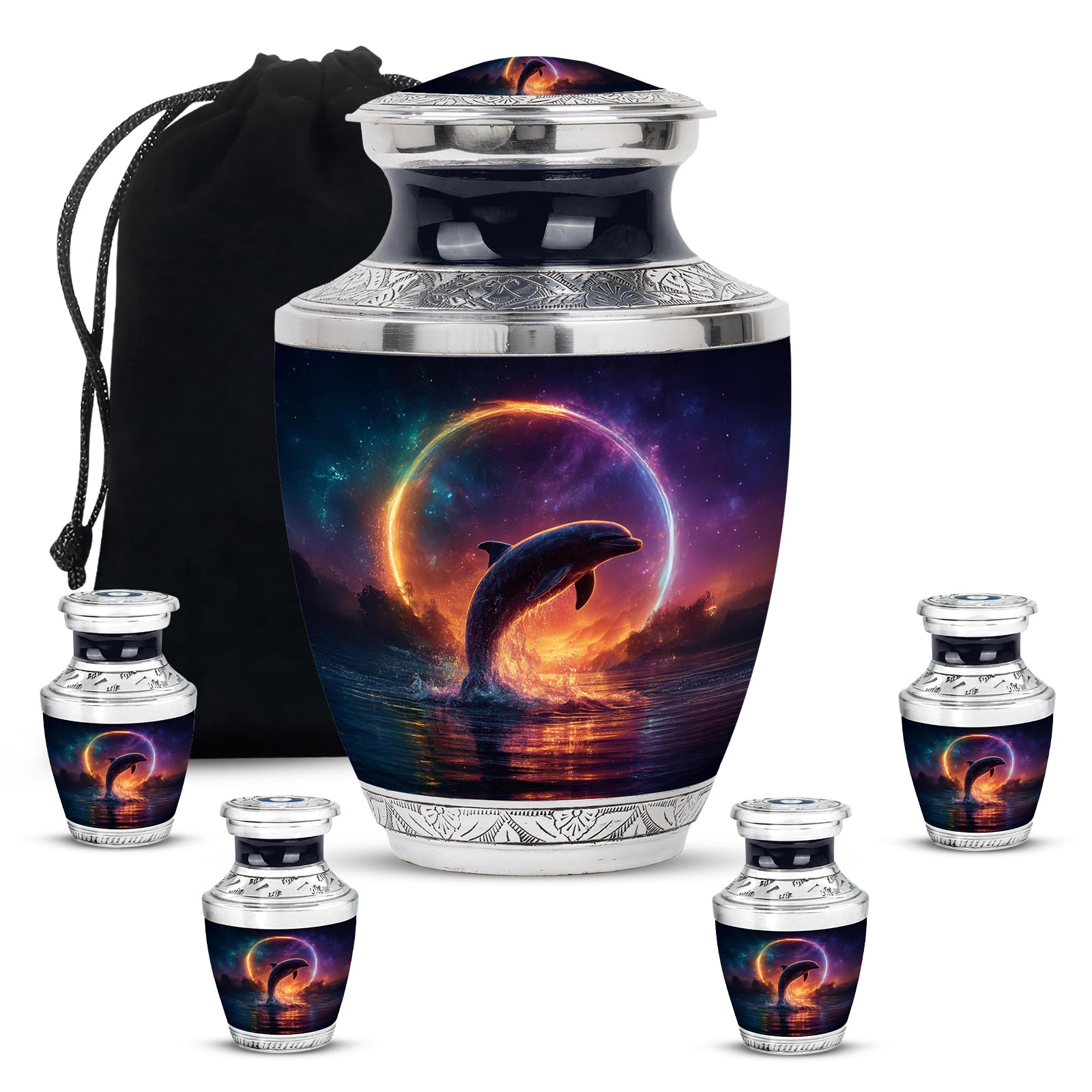 Serene Blue Dolphin Cremation Urn lifestyle display on memorial shelf - artistic dolphin interpretation with creative detail - memorial set with one large and four small urns