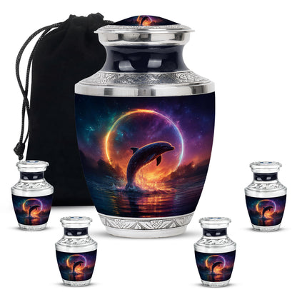 Serene Blue Dolphin Cremation Urn lifestyle display on memorial shelf - artistic dolphin interpretation with creative detail - memorial set with one large and four small urns