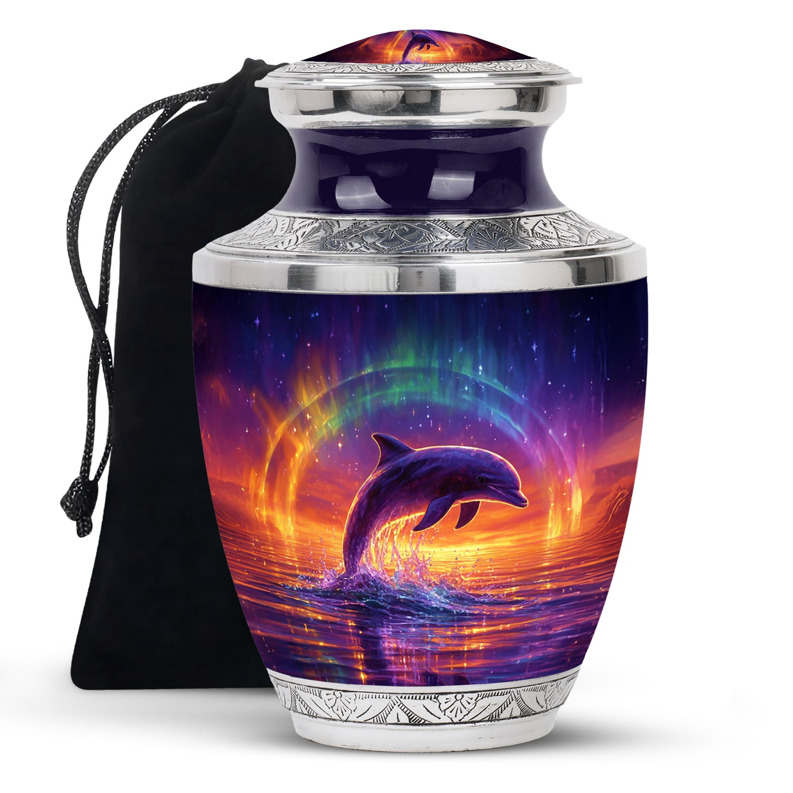 Royal Blue Dolphin Cremation Urn side profile showing urn shape - stylized abstract dolphin pattern with bold lines - full-size 10 inch 200 cubic inch adult cremation urn
