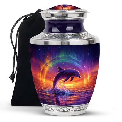 Royal Blue Dolphin Cremation Urn side profile showing urn shape - stylized abstract dolphin pattern with bold lines - full-size 10 inch 200 cubic inch adult cremation urn