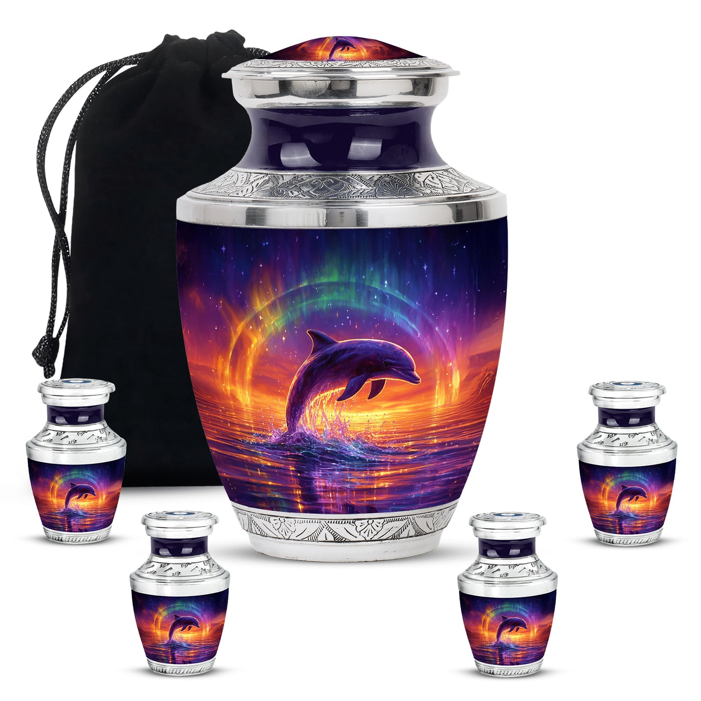 Royal Blue Dolphin Cremation Urn lifestyle display on memorial shelf - artistic dolphin interpretation with creative detail - memorial set with one large and four small urns