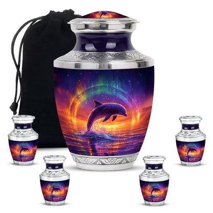 Royal Blue Dolphin Cremation Urn lifestyle display on memorial shelf - artistic dolphin interpretation with creative detail - memorial set with one large and four small urns
