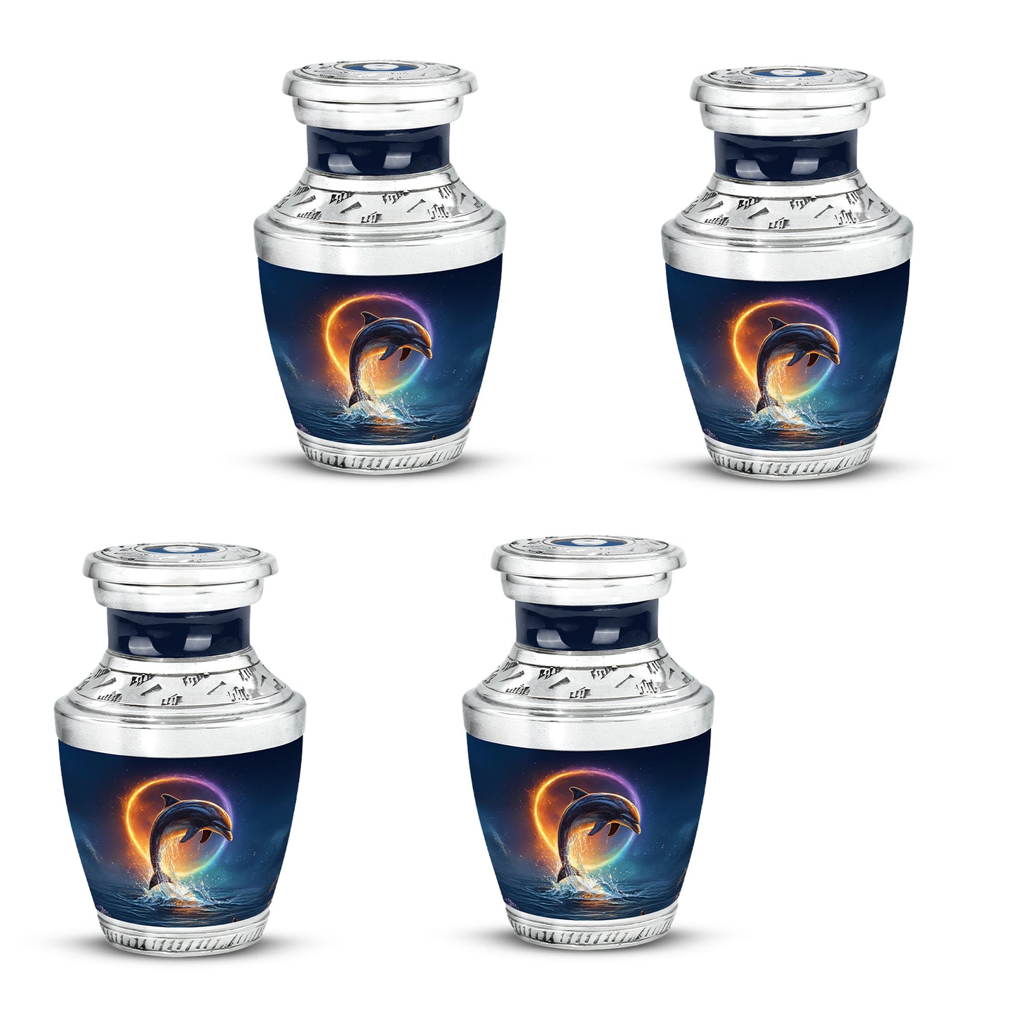 Serene Blue Dolphin Cremation Urn back view with polished surface - artistic dolphin interpretation with creative detail - 10 inch aluminum urn for cremated remains