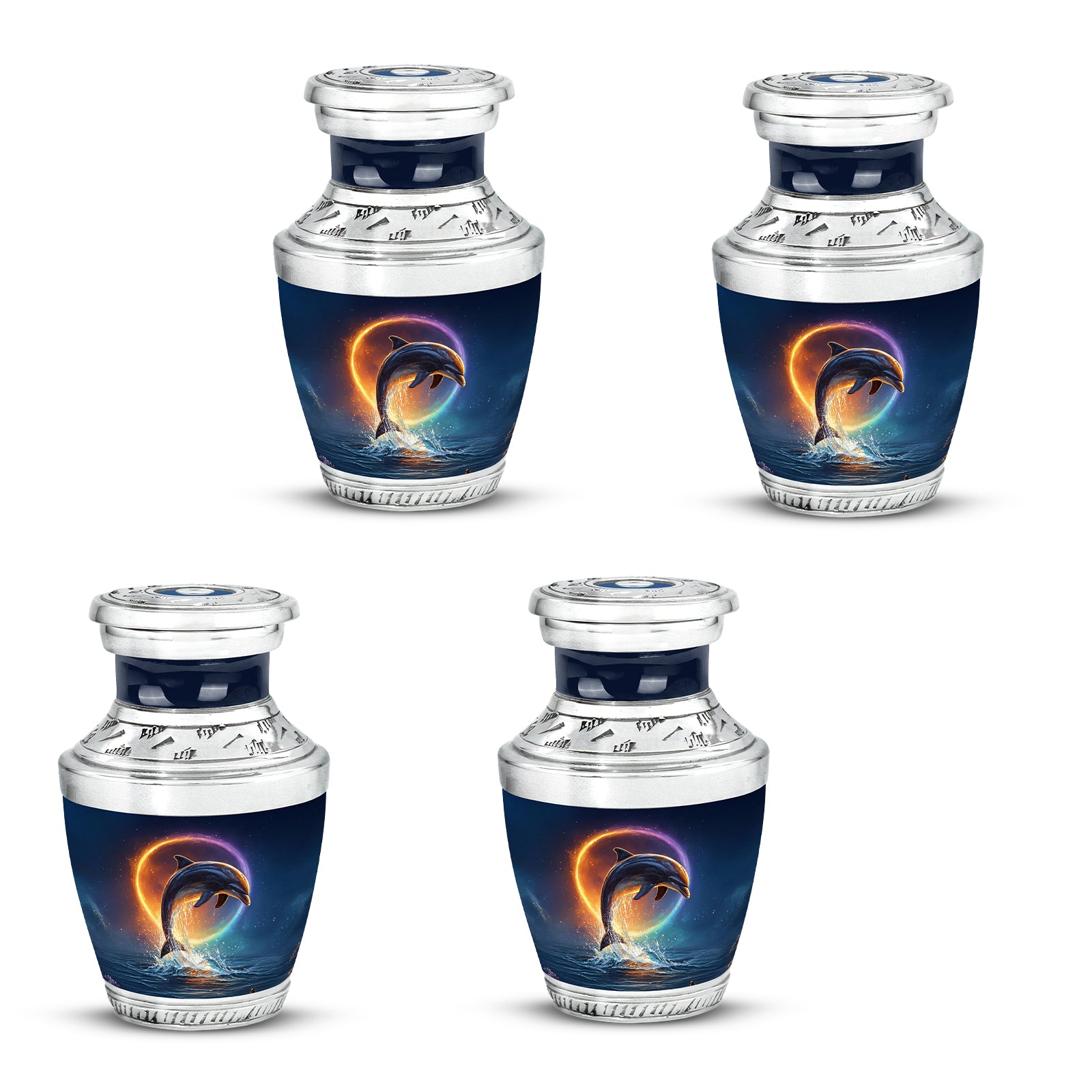 Serene Blue Dolphin Cremation Urn back view with polished surface - artistic dolphin interpretation with creative detail - 10 inch aluminum urn for cremated remains