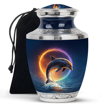 Steel Blue Dolphin Cremation Urn side profile showing urn shape - artistic dolphin interpretation with creative detail - full-size 10 inch 200 cubic inch adult cremation urn
