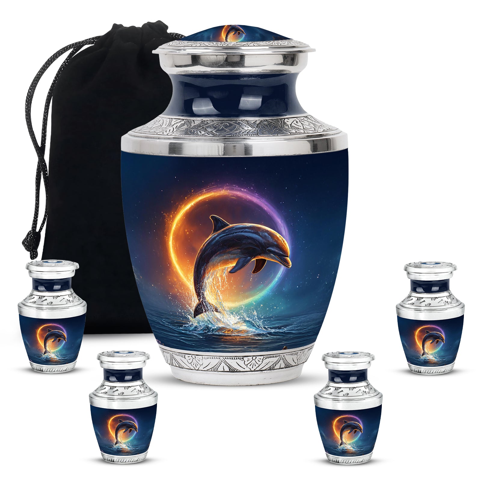 Powder Blue Dolphin Cremation Urn lifestyle display on memorial shelf - modern art-inspired dolphin motif on sleek aluminum - memorial set with one large and four small urns