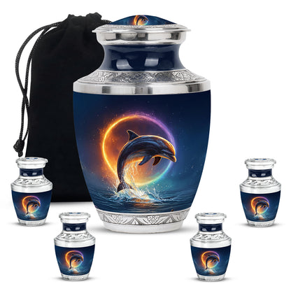 Powder Blue Dolphin Cremation Urn lifestyle display on memorial shelf - modern art-inspired dolphin motif on sleek aluminum - memorial set with one large and four small urns
