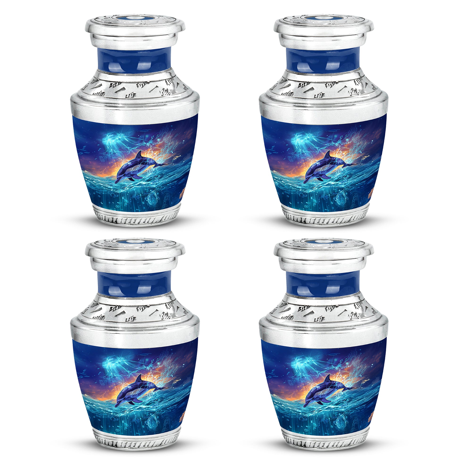 Serene Blue Dolphin Cremation Urn back view with polished surface - artistic dolphin interpretation with creative detail - 10 inch aluminum urn for cremated remains