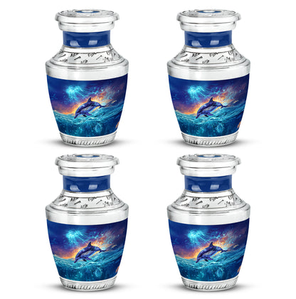 Serene Blue Dolphin Cremation Urn back view with polished surface - artistic dolphin interpretation with creative detail - 10 inch aluminum urn for cremated remains
