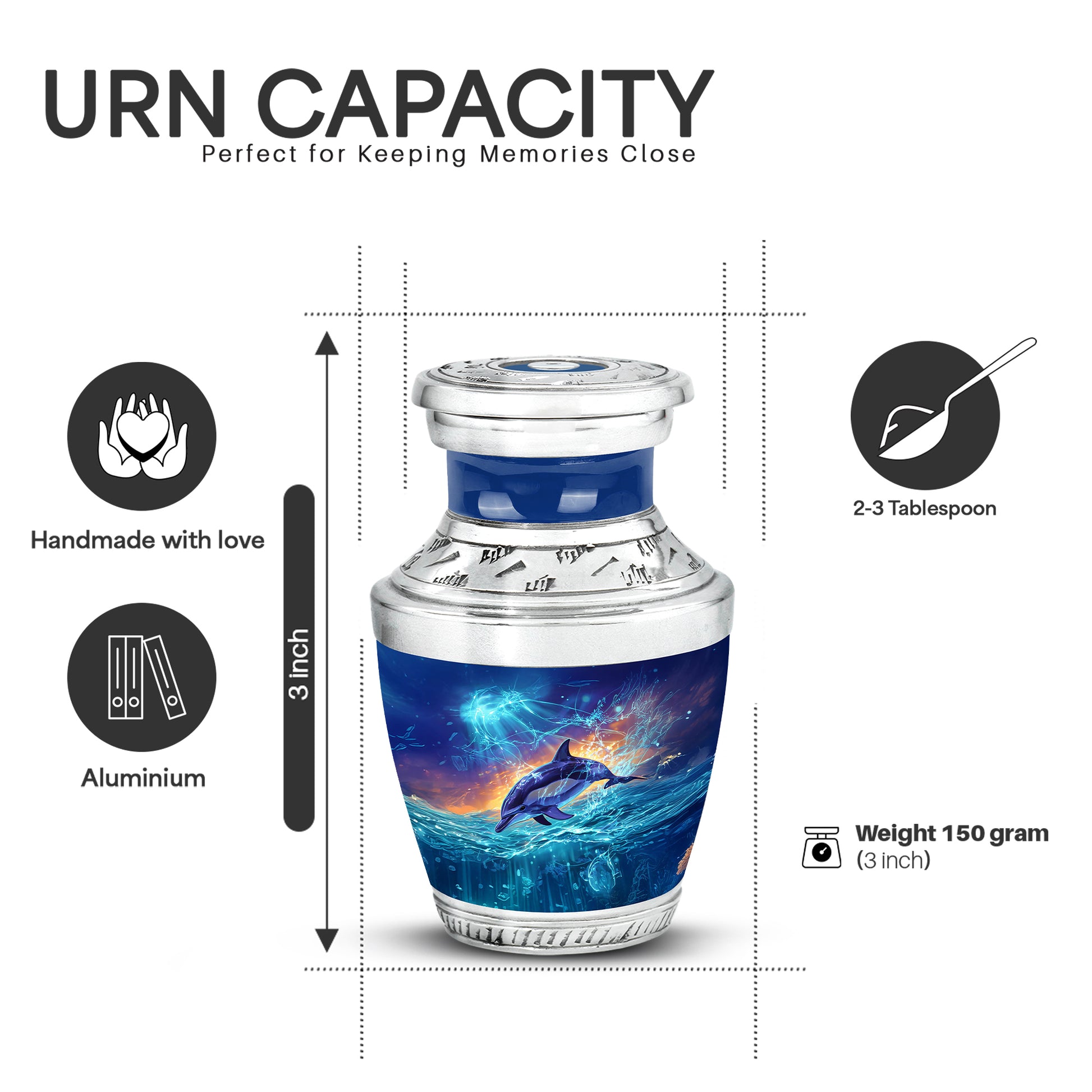 Sapphire Blue Dolphin Cremation Urn top-down view of secure threaded lid - artistic dolphin interpretation with creative detail - mini keepsake memorial for portion of cremation ashes