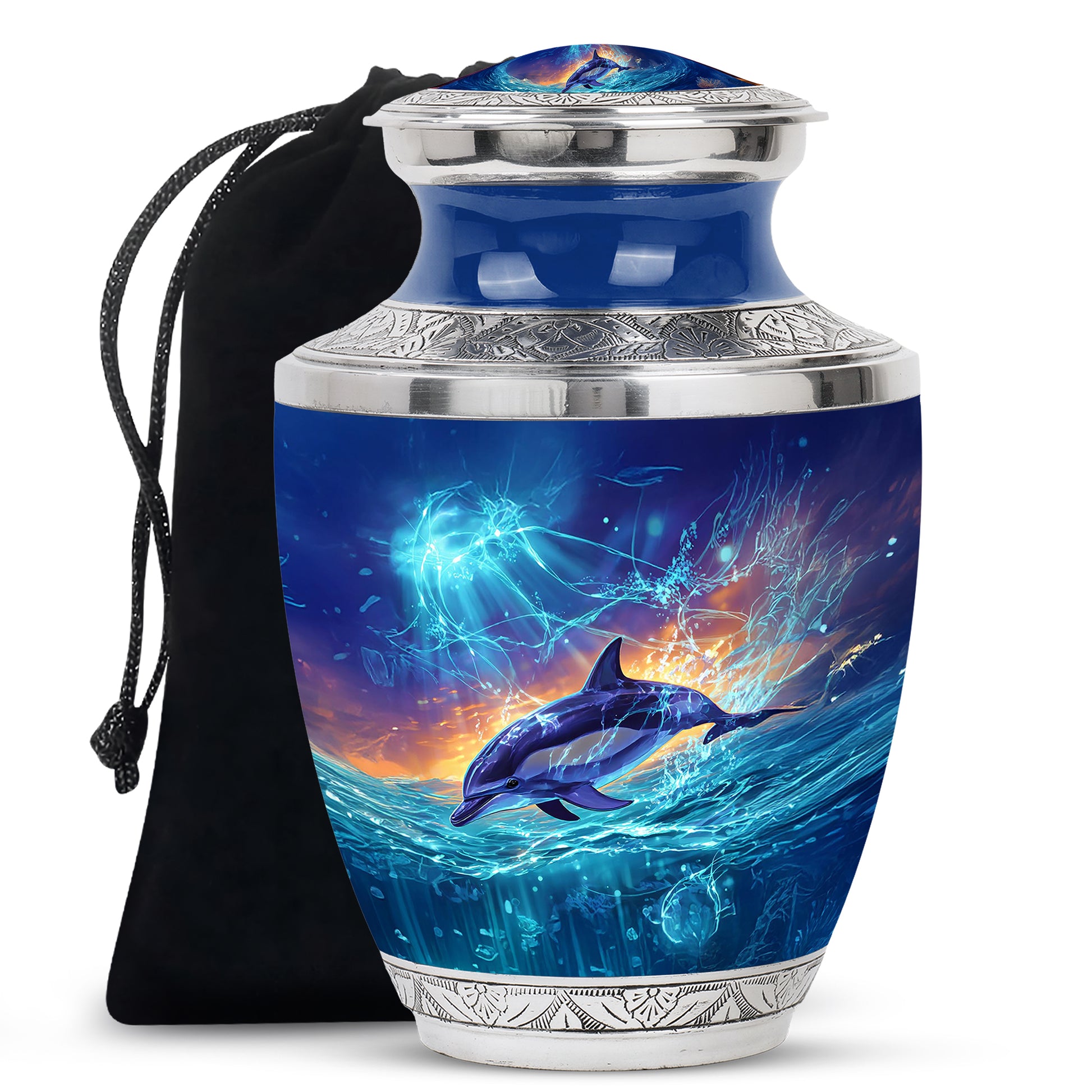 Calming Blue Dolphin Cremation Urn side profile showing urn shape - stylized abstract dolphin pattern with bold lines - full-size 10 inch 200 cubic inch adult cremation urn