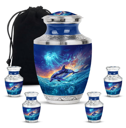 Sky Blue Dolphin Cremation Urn lifestyle display on memorial shelf - modern art-inspired dolphin motif on sleek aluminum - memorial set with one large and four small urns