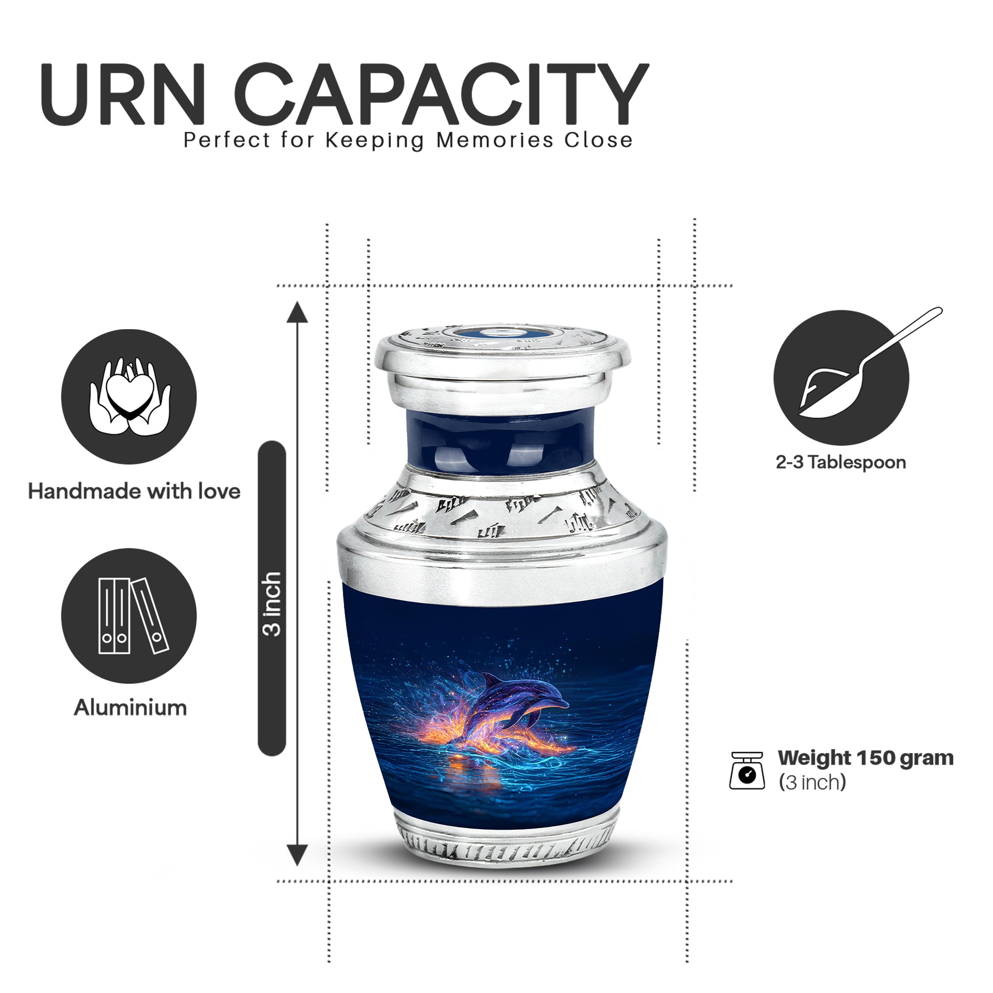 Vivid Blue Dolphin Cremation Urn top-down view of secure threaded lid - stylized abstract dolphin pattern with bold lines - mini keepsake memorial for portion of cremation ashes