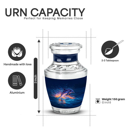 Vivid Blue Dolphin Cremation Urn top-down view of secure threaded lid - stylized abstract dolphin pattern with bold lines - mini keepsake memorial for portion of cremation ashes