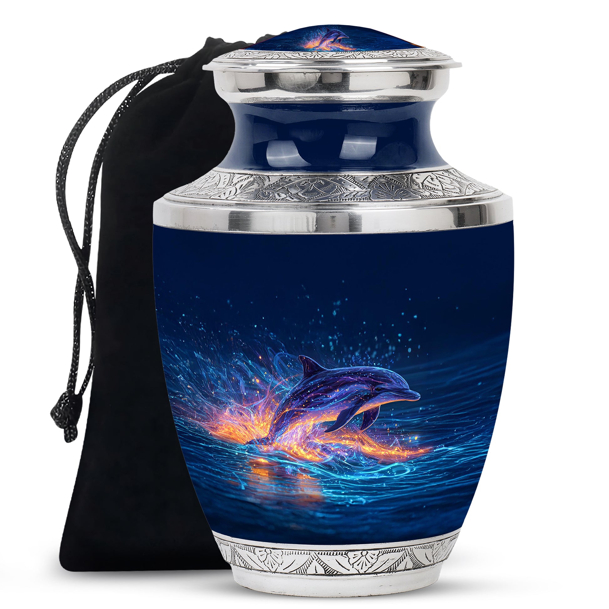 Cornflower Blue Dolphin Cremation Urn side profile showing urn shape - stylized abstract dolphin pattern with bold lines - full-size 10 inch 200 cubic inch adult cremation urn