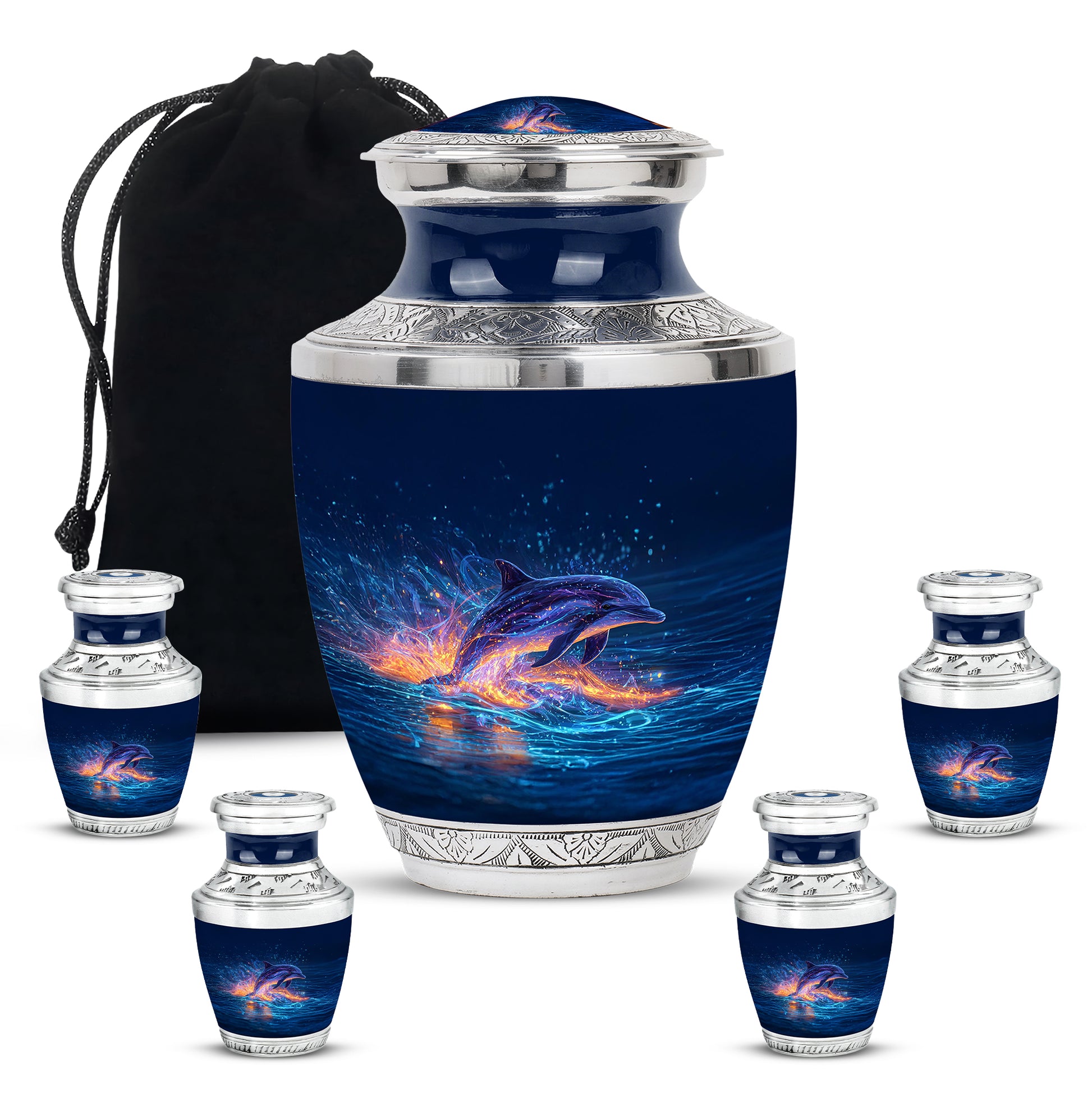 Slate Blue Dolphin Cremation Urn lifestyle display on memorial shelf - modern art-inspired dolphin motif on sleek aluminum - memorial set with one large and four small urns