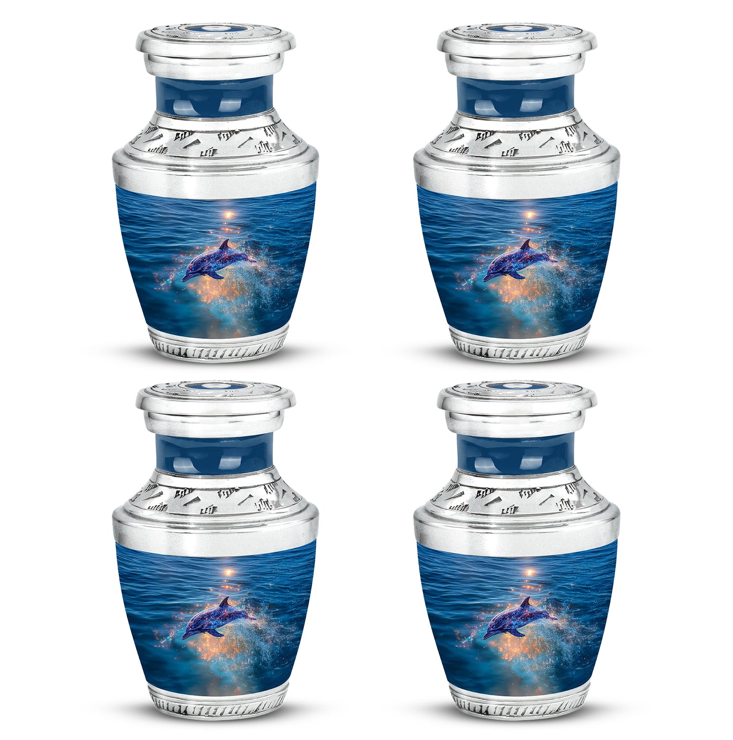 Icy Blue Dolphin Cremation Urn back view with polished surface - modern art-inspired dolphin motif on sleek aluminum - 10 inch aluminum urn for cremated remains
