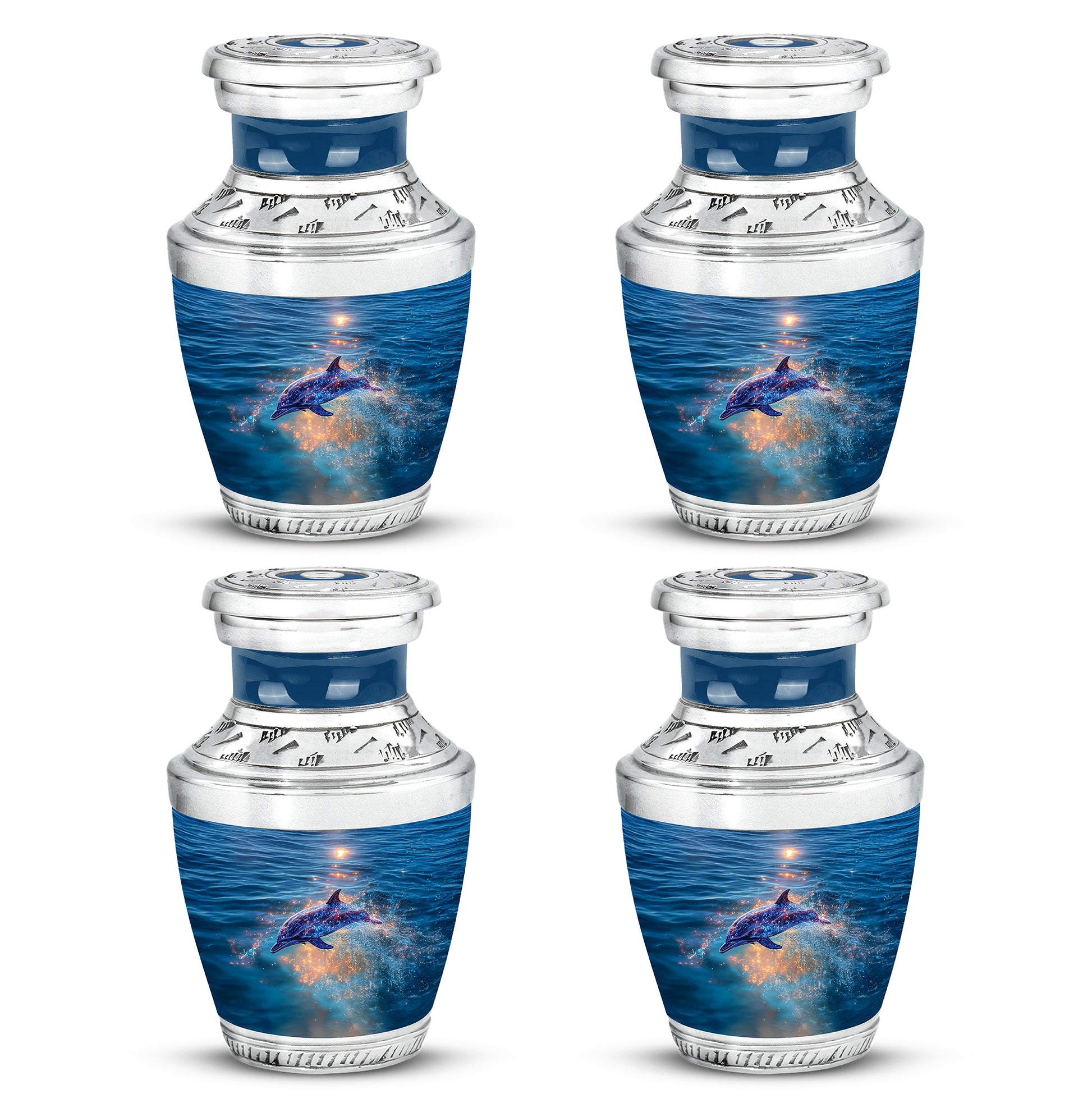 Icy Blue Dolphin Cremation Urn back view with polished surface - modern art-inspired dolphin motif on sleek aluminum - 10 inch aluminum urn for cremated remains