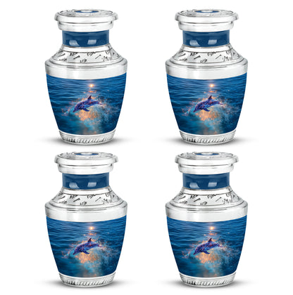 Icy Blue Dolphin Cremation Urn back view with polished surface - modern art-inspired dolphin motif on sleek aluminum - 10 inch aluminum urn for cremated remains