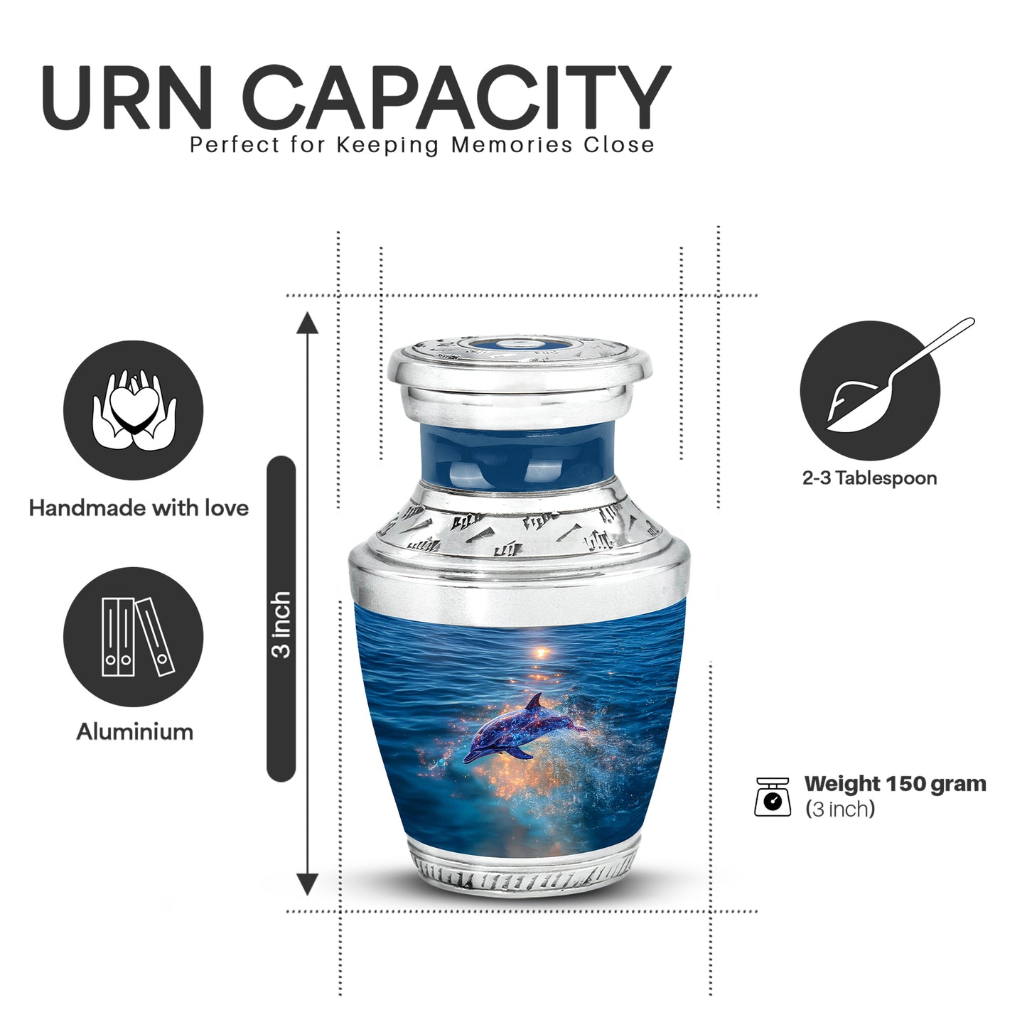 Pastel Blue Dolphin Cremation Urn top-down view of secure threaded lid - contemporary dolphin design with modern artistic flair - mini keepsake memorial for portion of cremation ashes