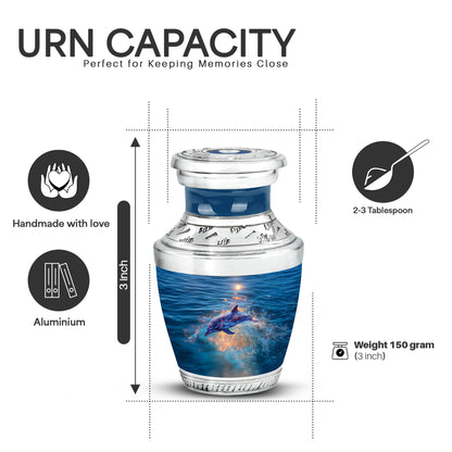Pastel Blue Dolphin Cremation Urn top-down view of secure threaded lid - contemporary dolphin design with modern artistic flair - mini keepsake memorial for portion of cremation ashes