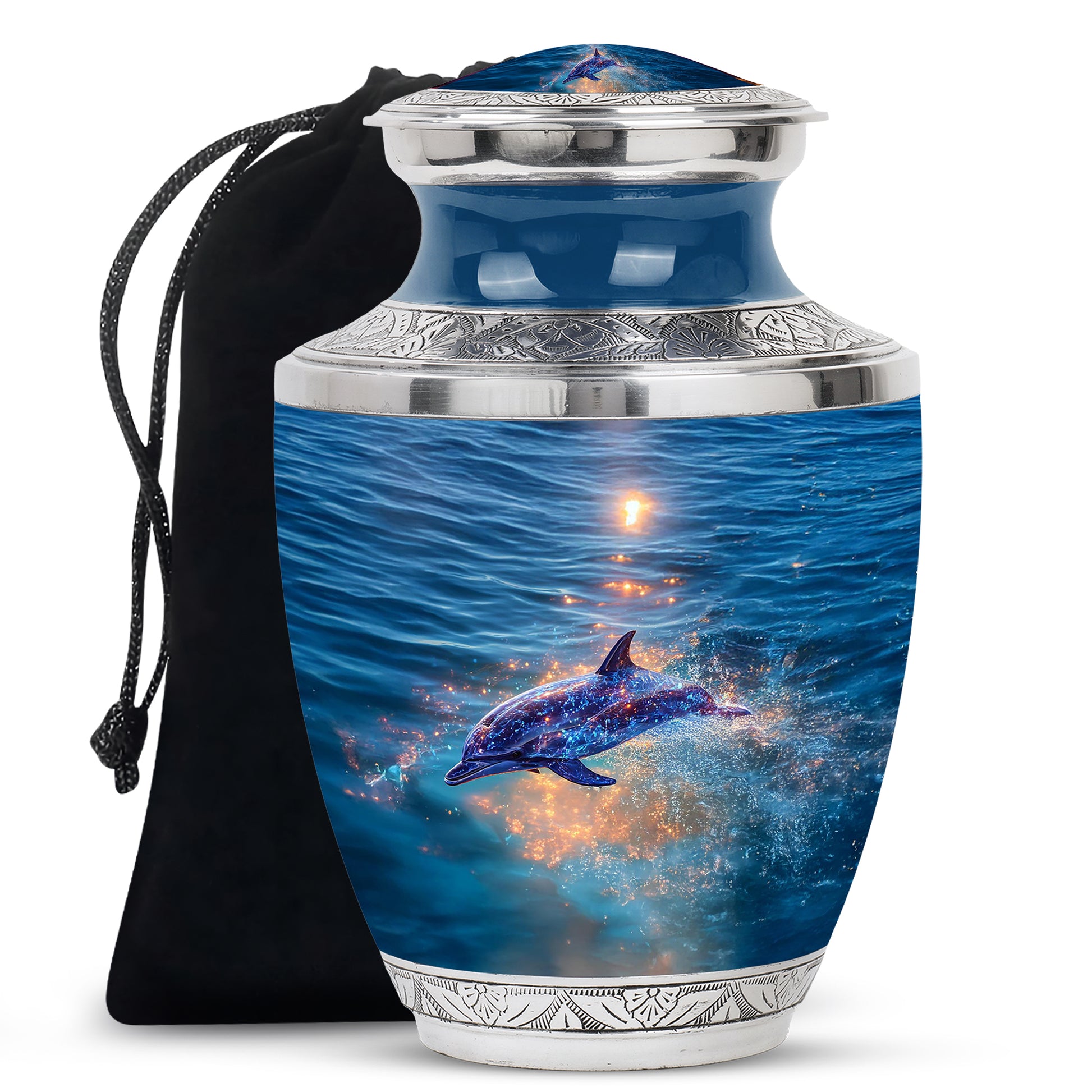Cobalt Blue Dolphin Cremation Urn side profile showing urn shape - artistic dolphin interpretation with creative detail - full-size 10 inch 200 cubic inch adult cremation urn