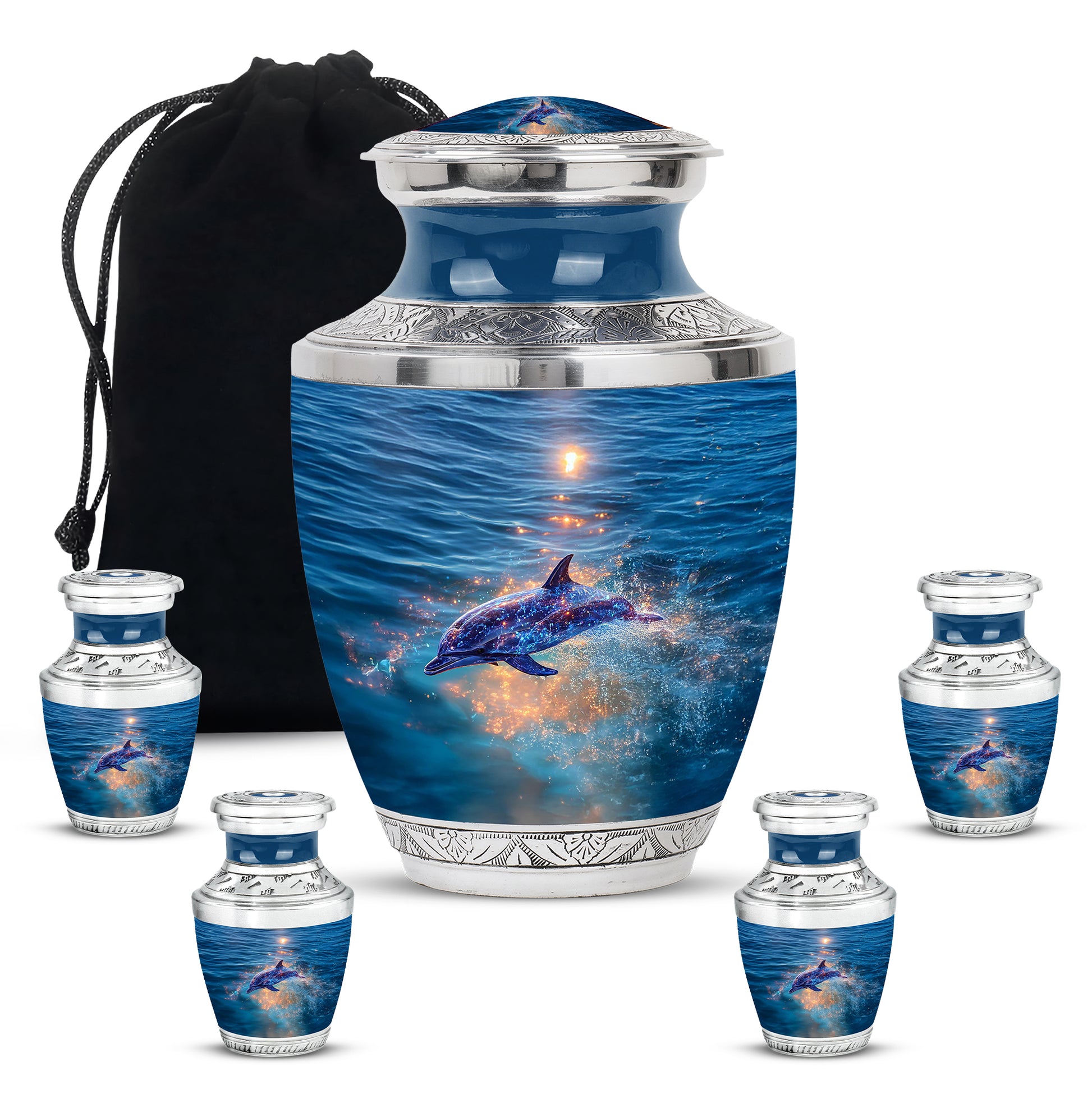Royal Blue Dolphin Cremation Urn lifestyle display on memorial shelf - artistic dolphin interpretation with creative detail - memorial set with one large and four small urns