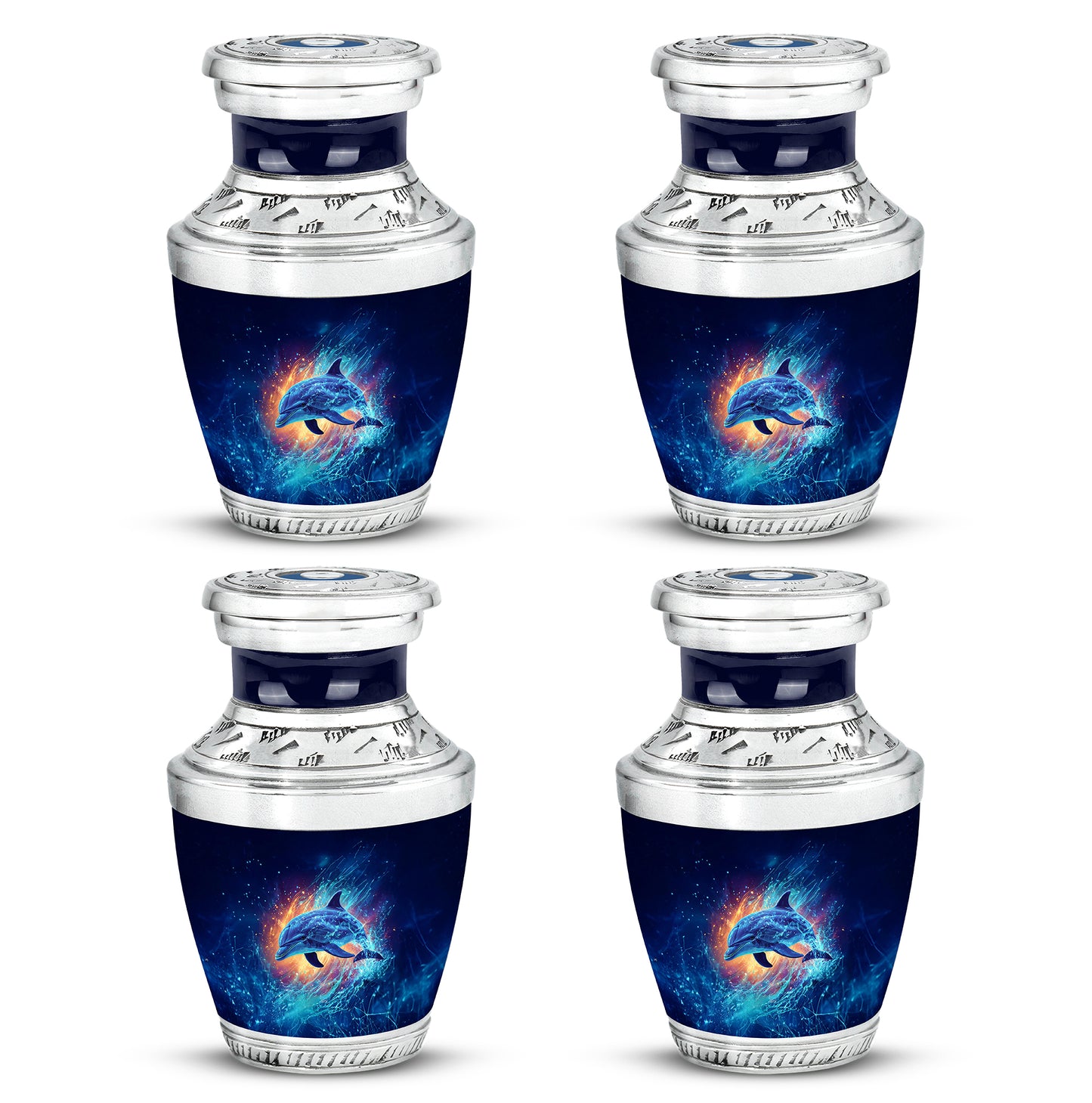 Calming Blue Dolphin Cremation Urn back view with polished surface - stylized abstract dolphin pattern with bold lines - 10 inch aluminum urn for cremated remains