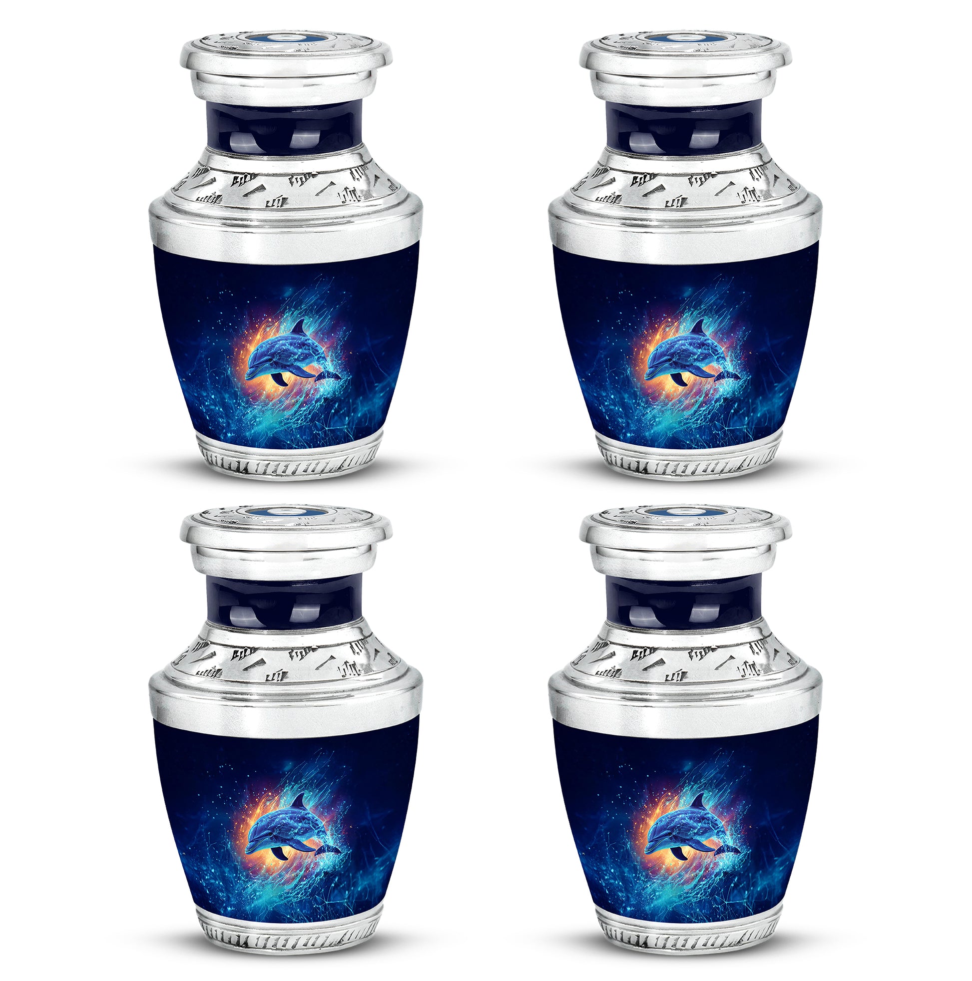 Calming Blue Dolphin Cremation Urn back view with polished surface - stylized abstract dolphin pattern with bold lines - 10 inch aluminum urn for cremated remains