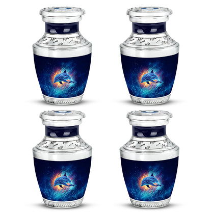 Calming Blue Dolphin Cremation Urn back view with polished surface - stylized abstract dolphin pattern with bold lines - 10 inch aluminum urn for cremated remains